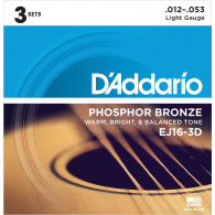 Pack de 3 Jeux de Cordes Acoustiques D'addario EJ16-3D Phosphore Bronze 12/53